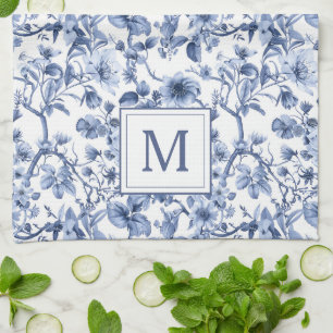 Blue Chinoiserie Toile Pattern Monogram Kitchen Towel