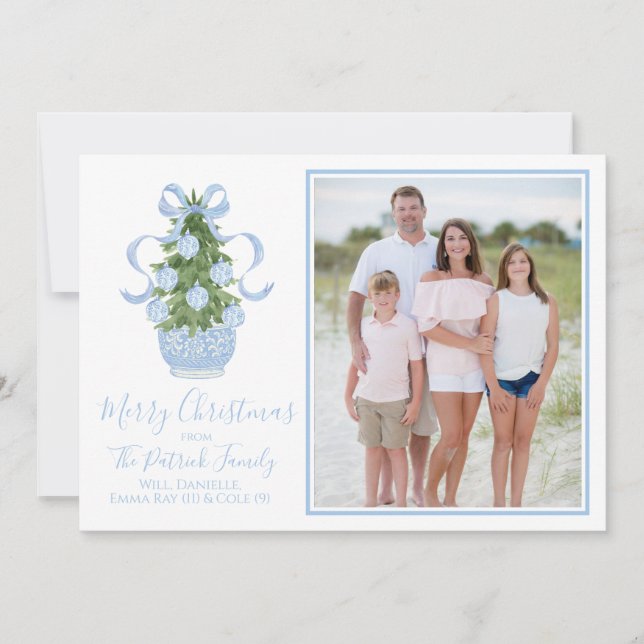 Blue Chinoiserie Tree Christmas Photo Card (Front)