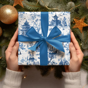 Blue Chinoiserie Village Christmas Wrapping Paper