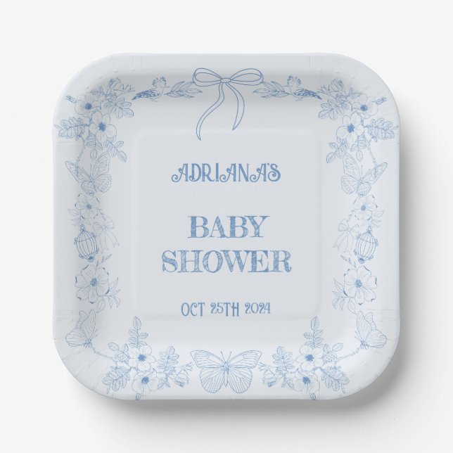 Blue Chinoiserie Vintage Boy Baby Shower  Paper Plate (Front)