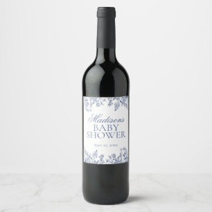 Blue Chinoiserie Vintage Floral Baby Shower Favors Wine Label