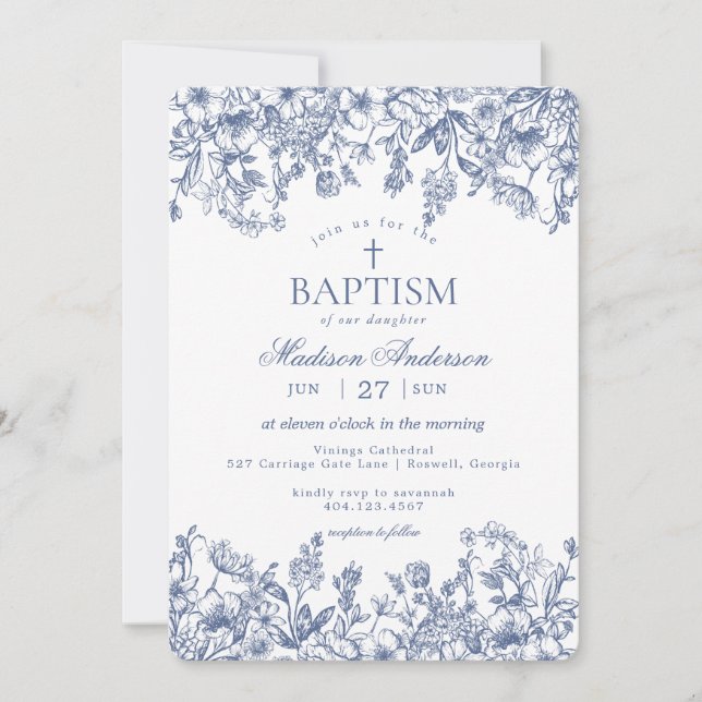Blue Chinoiserie Vintage Floral Baptism Invitation (Front)