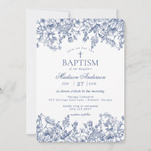 Blue Chinoiserie Vintage Floral Baptism Invitation