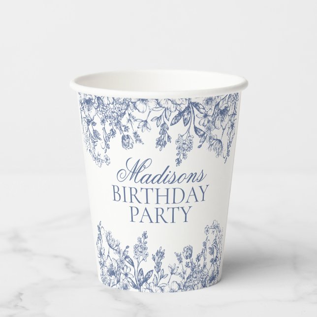 Blue Chinoiserie Vintage Floral Birthday Paper Cups (Back)