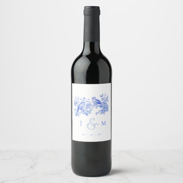 Blue Chinoiserie Vintage Love Birds Wedding Wine Label (Front)