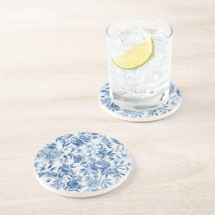 Blue Chinoiserie Watercolor Floral Botanical Coaster