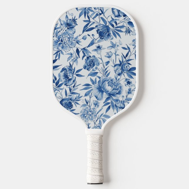 Blue Chinoiserie Watercolor Floral Botanical Pickleball Paddle (Front)