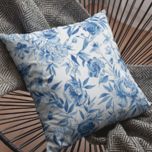 Blue Chinoiserie Watercolor Floral Botanical Throw Pillow