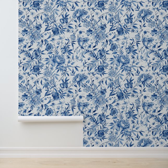 Blue Chinoiserie Watercolor Floral Botanical Wallpaper (Application)