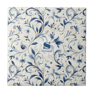 Blue Chinoiserie Watercolor Vine & Floral Tile