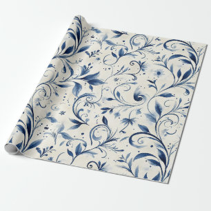 Blue Chinoiserie Watercolor Vine & Floral Wrapping Paper