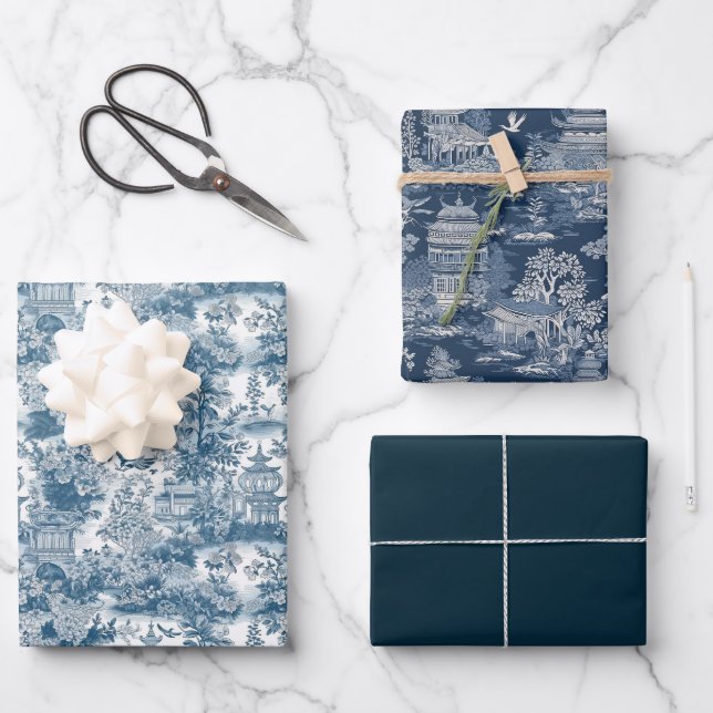 Blue Chinoiserie Wrapping Paper Sheet (Front)