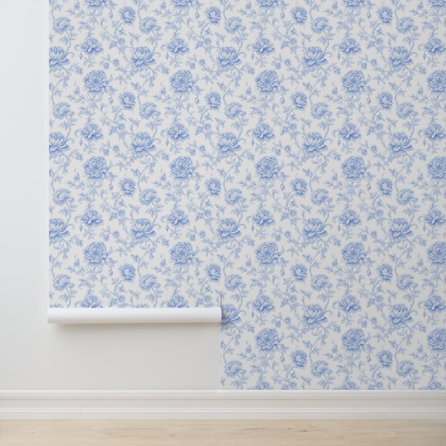 Blue Chinoises Coastal Grandmother Floral Wallpaper (Application)