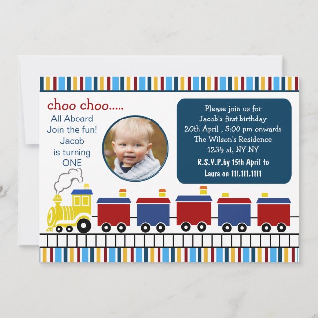 blue choo choo train first birthday photo invite (Front)