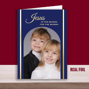 Blue Christian Christmas Photo Gold Foil Card