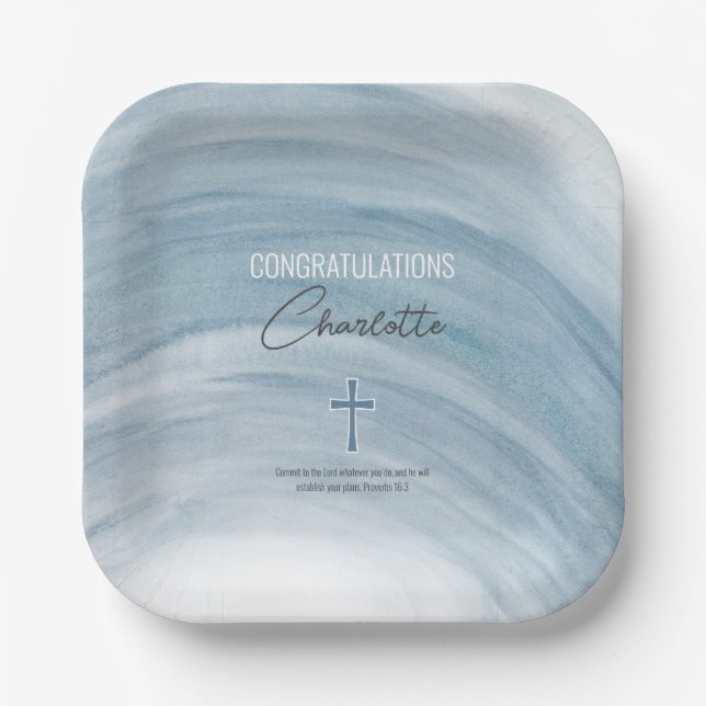 Blue Christian Cross Graduation Paper Plate (Front)