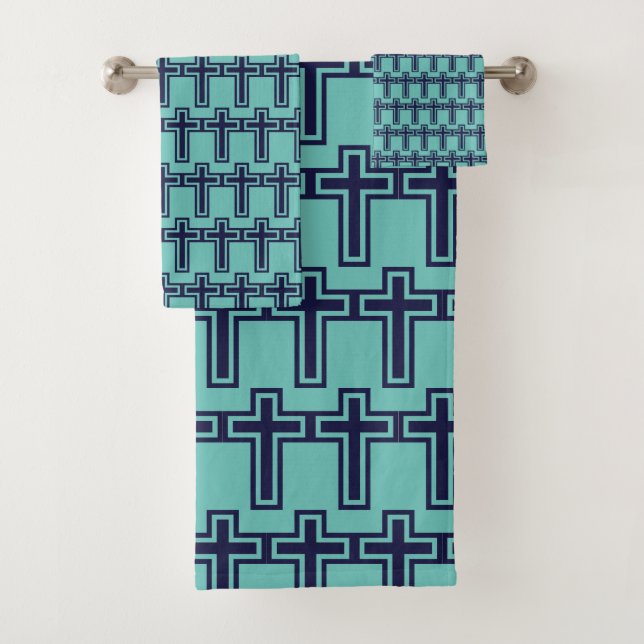Blue Christian Cross Minimalist Faith Art Bath Towel Set (Insitu)