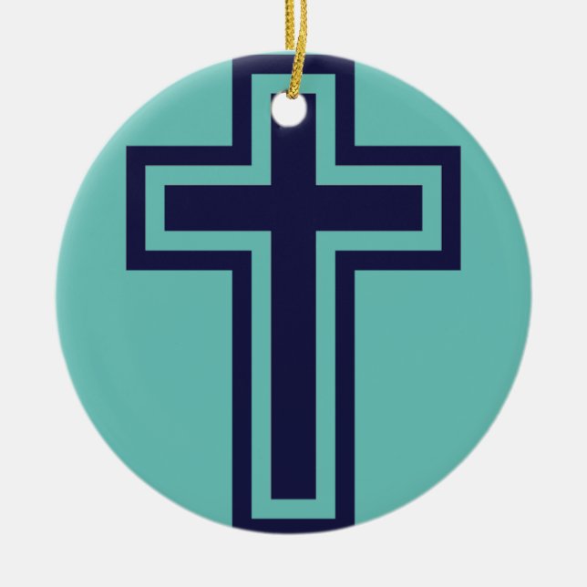 Blue Christian Cross Minimalist Faith Art Ceramic Ornament (Front)