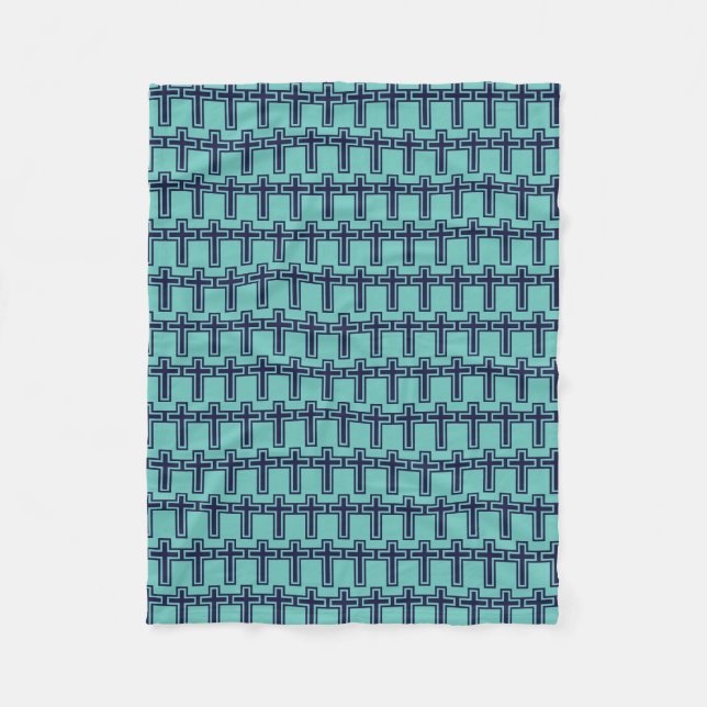 Blue Christian Cross Minimalist Faith Art Fleece Blanket (Front)