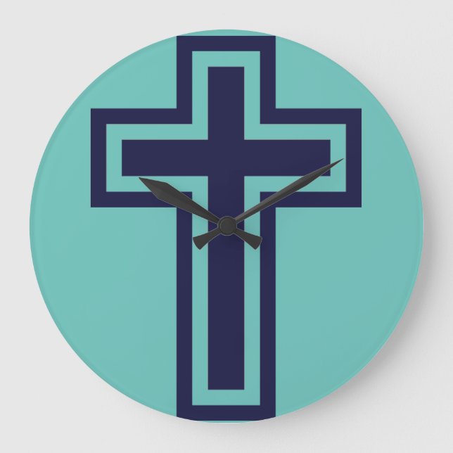 Blue Christian Cross Minimalist Faith Art Large Clock (Front)