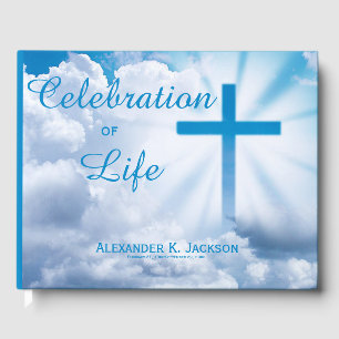Blue Christian Cross, White Celebration of Life Guest Book