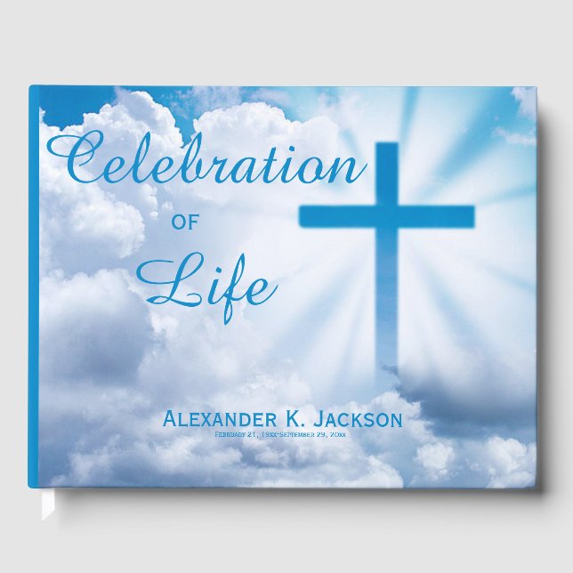 Blue Christian Cross, White Celebration of Life Guest Book (Front)