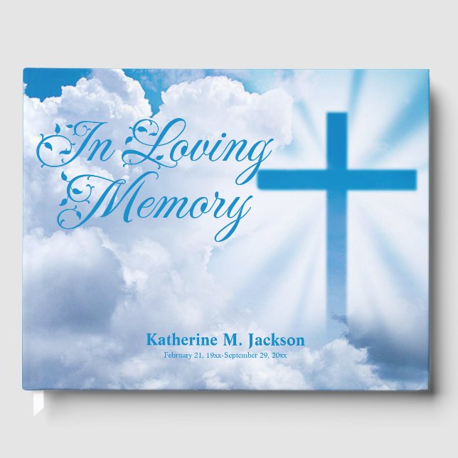 Blue Christian Cross White Clouds In Loving Memory Guest Book (Front)
