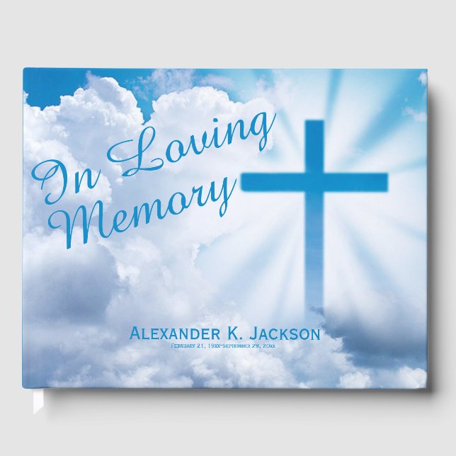 Blue Christian Cross White Clouds In Loving Memory Guest Book (Front)