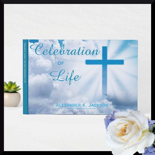Blue Christian Cross, White Clouds Memorial Hymn Guest Book (Creator Uploaded)