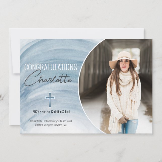 Blue Christian Graduation Photo Announcement (Front)