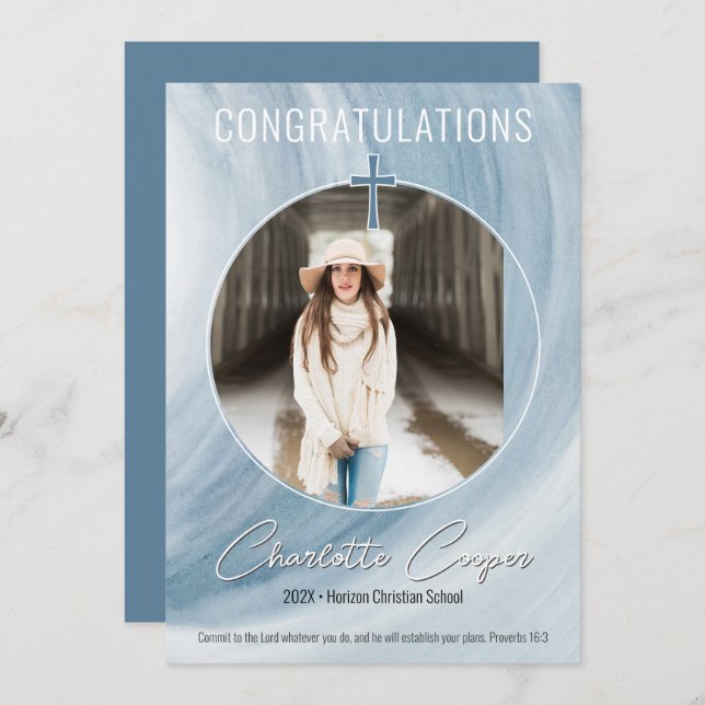Blue Christian Graduation Photo Invitation (Front/Back)