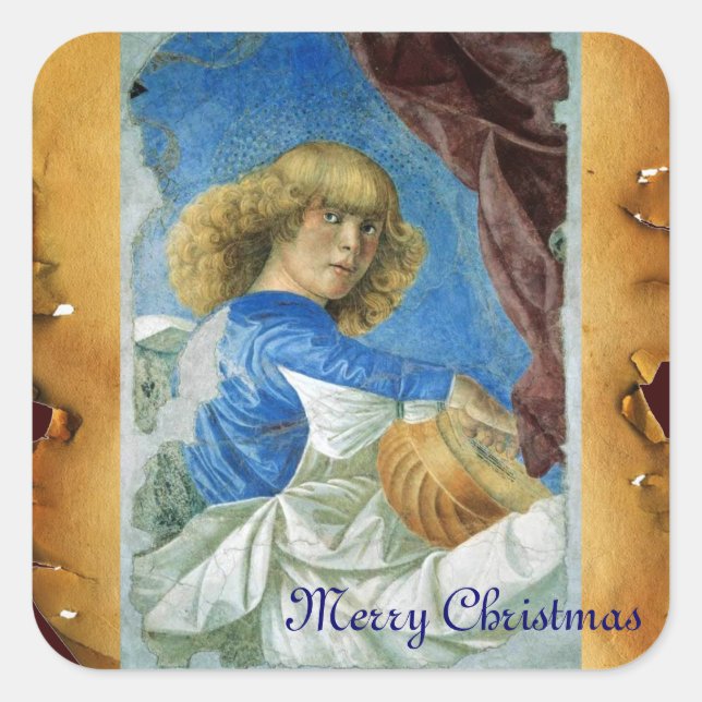 BLUE CHRISTMAS ANGEL MAKING MUSIC OLD PARCHMENT SQUARE STICKER (Front)