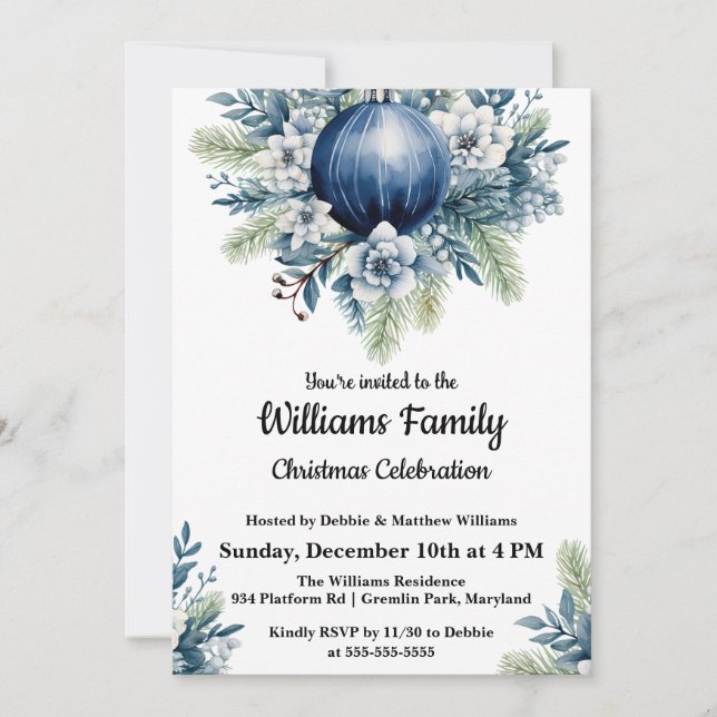 Blue Christmas Balls Invitation de fête de Noël (Devant)