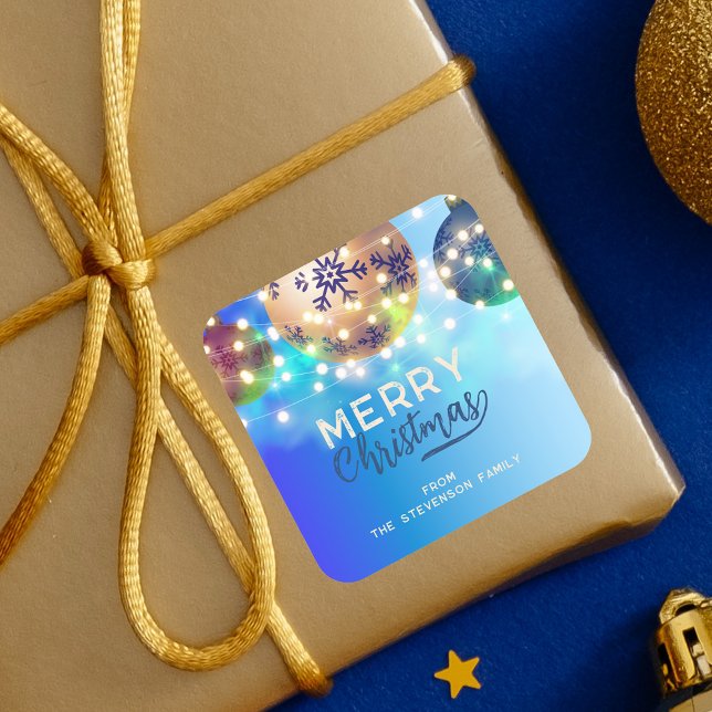 Blue Christmas Baubles Twinkling String Lights  Square Sticker (Creator Uploaded)