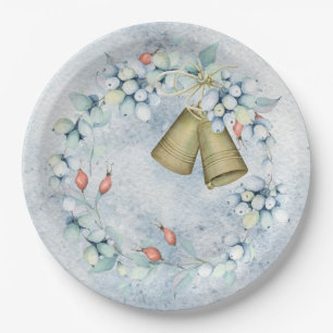 Blue Christmas Bells Elegant Vintage Rustic Paper Plate