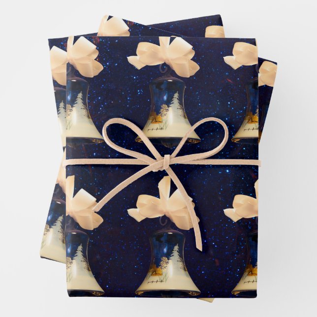 Blue Christmas Bells White Bow  Wrapping Paper Sheet (In situ)
