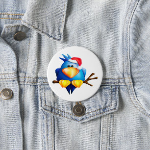 Blue Christmas Bird with Santa Hat 3 Inch Round Button