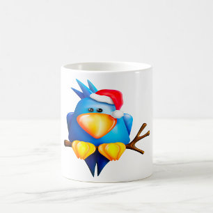 Blue Christmas Bird with Santa Hat Coffee Mug