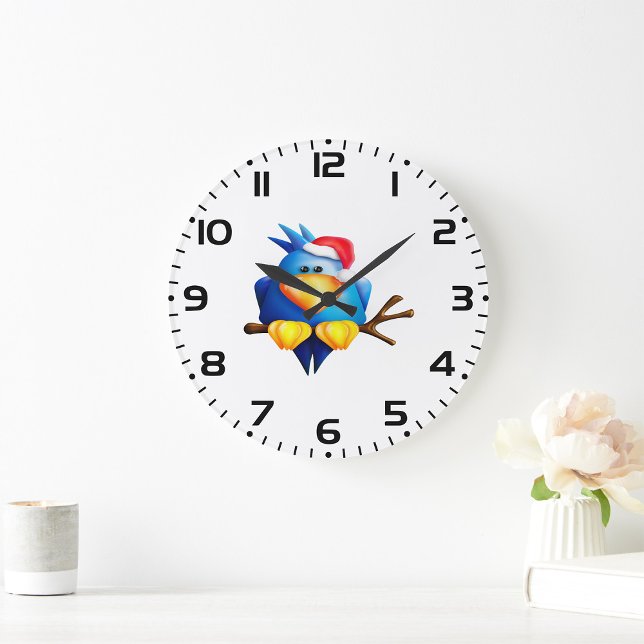 Blue Christmas Bird with Santa Hat Large Clock (Creator Uploaded)