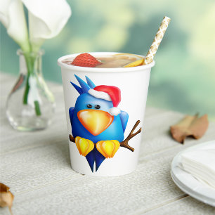 Blue Christmas Bird with Santa Hat Paper Cups