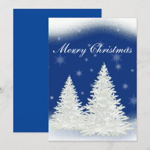 Blue Christmas card with white tree.