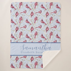 Blue Christmas Cardinal Bird Personalized Name Sherpa Blanket