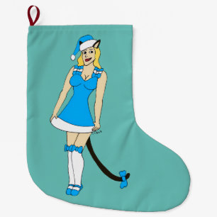 Blue Christmas catgirl Large Christmas Stocking