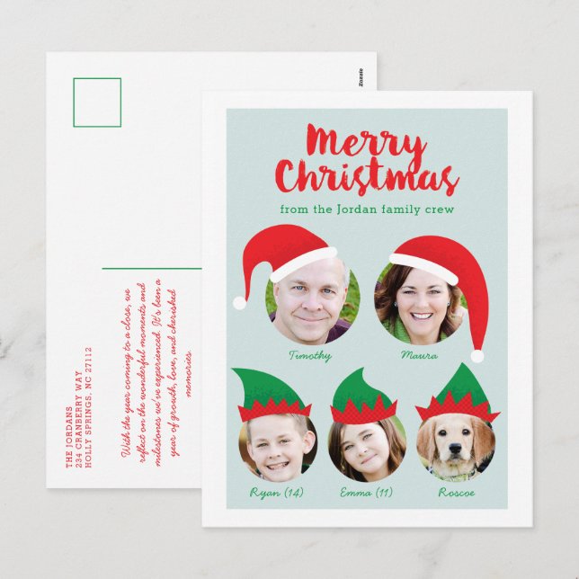 Blue Christmas Crew Family of Five Photo Holiday (Front/Back)