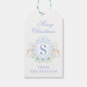 Blue Christmas Deer Crest Monogram With Name Gift Tags