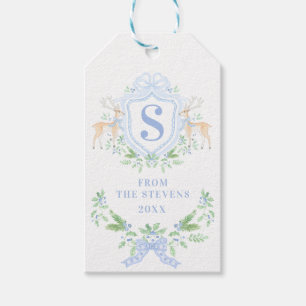 Blue Christmas Deer Crest Monogram With Name Gift Tags