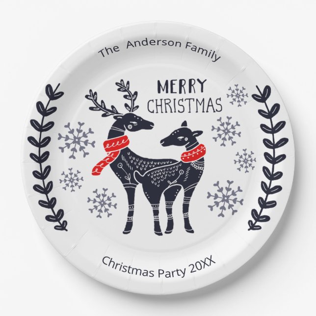 Blue Christmas Deers Personalized Paper Plate (Front)