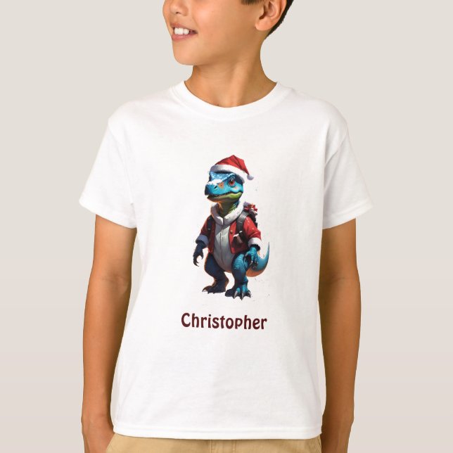 Blue Christmas dinosaur T-Shirt (Front)