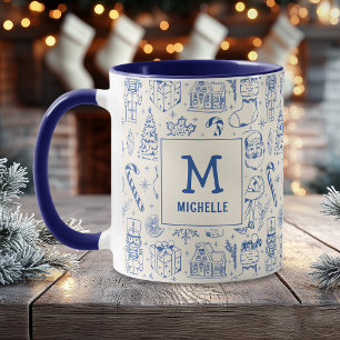 Blue Christmas Doodle Monogram and Name Mug