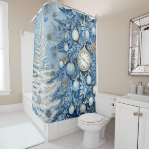 Blue Christmas Ephemera Shower Curtain
